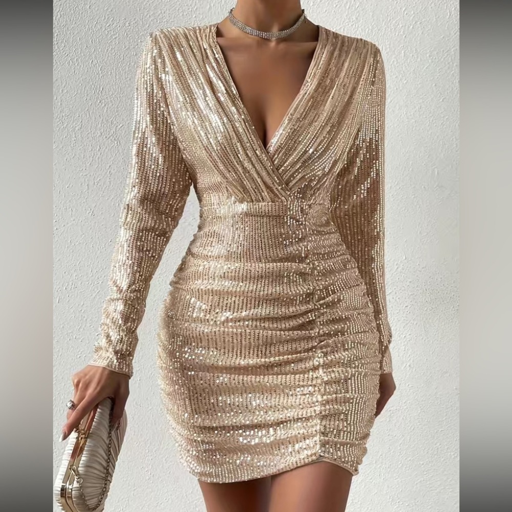 Luxe surplice neck ruched party formal sequins bodycon dress